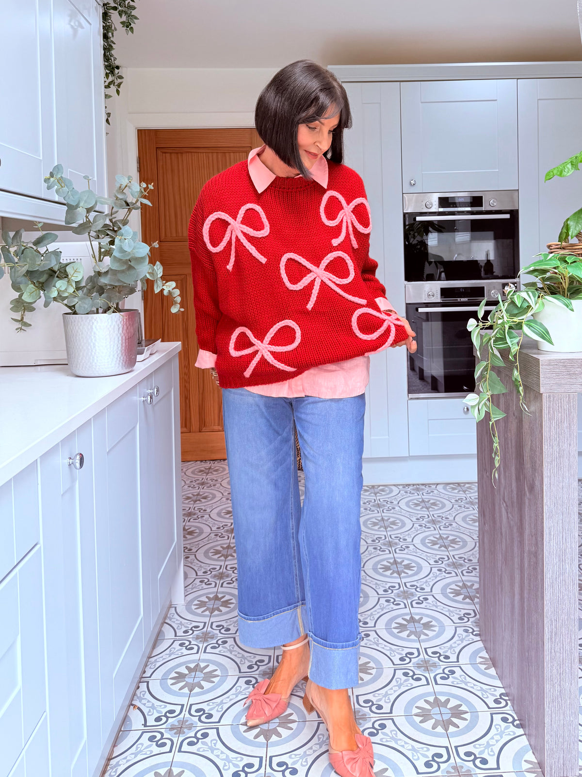ALEX RIBBON BOW 🎀 OVERSIZED JUMPER CHERRY RED & PINK BOWS