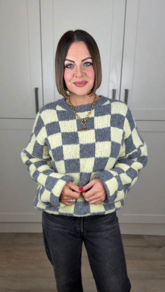 CHECKERBOARD KNIT LEMON & GREY *New