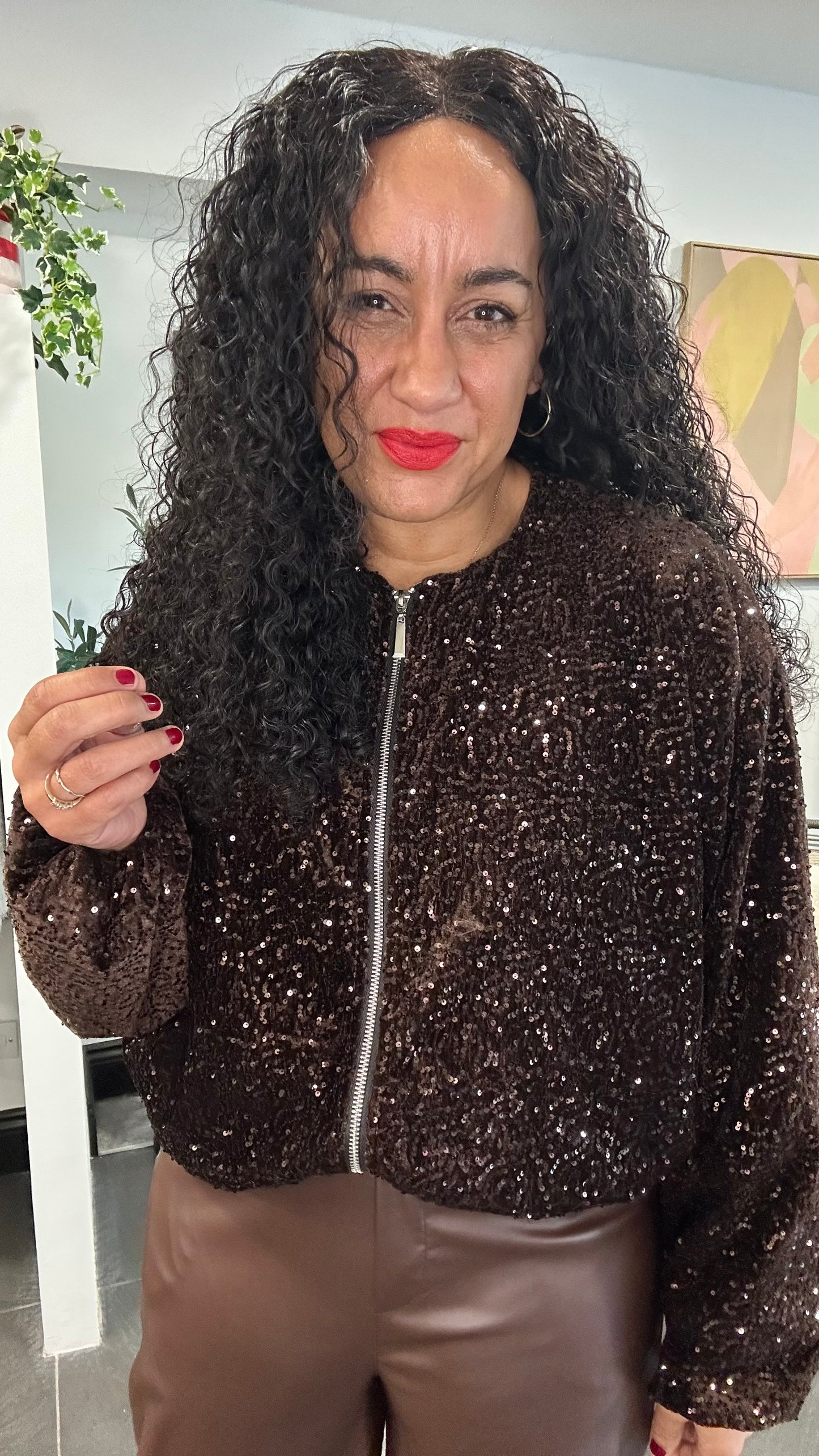 ARIANA SEQUIN BOMBER JACKET DEEP BROWN *New