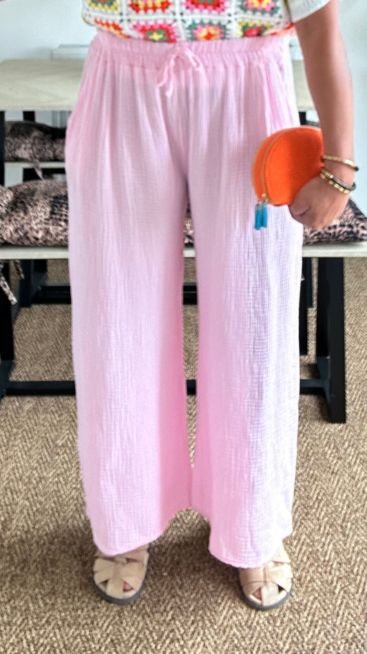 GWELDA PINK CHEESECLOTH WIDE LEG TROUSERS *New
