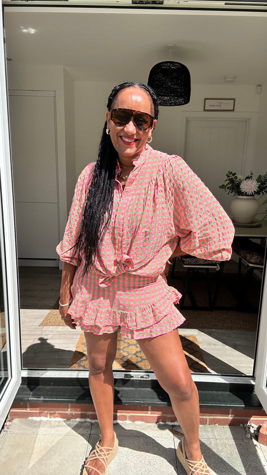 IBIZA PERRIE GINGHAM SHORTS GREEN & PINK  *New