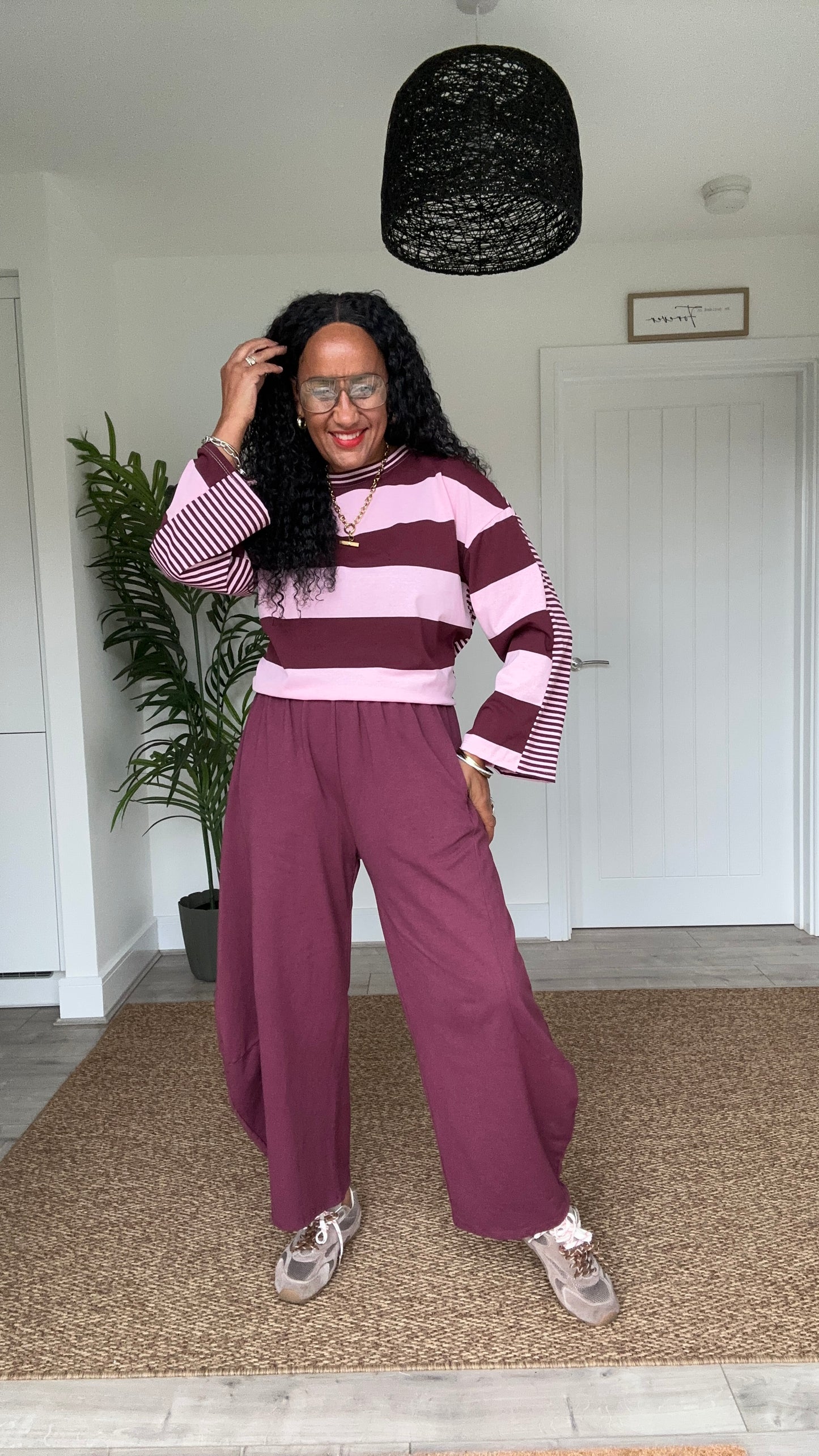 EIRA BLOCK STRIPE JERSEY TOP PINK & WINE *New