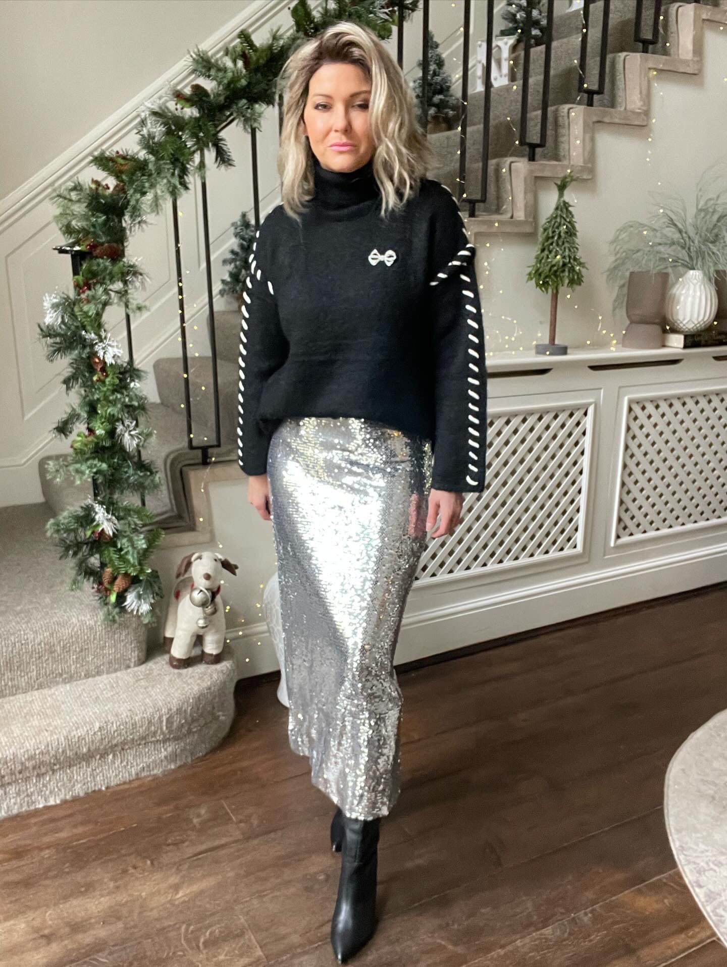 SALE SEQUIN MIDI SKIRT - SILVER