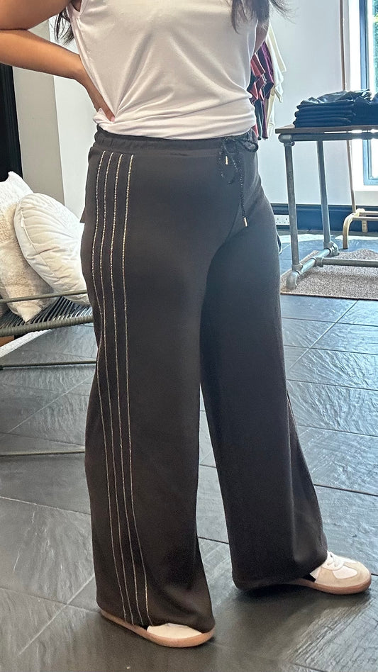 WIDE LEG JOGGERS GOLD TRIM CHOCOLATE BROWN *New