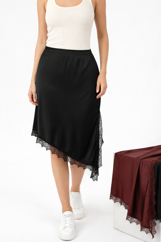 SALE PENNY LACE TRIM ASYMMETRIC SATIN FEEL SKIRT BLACK