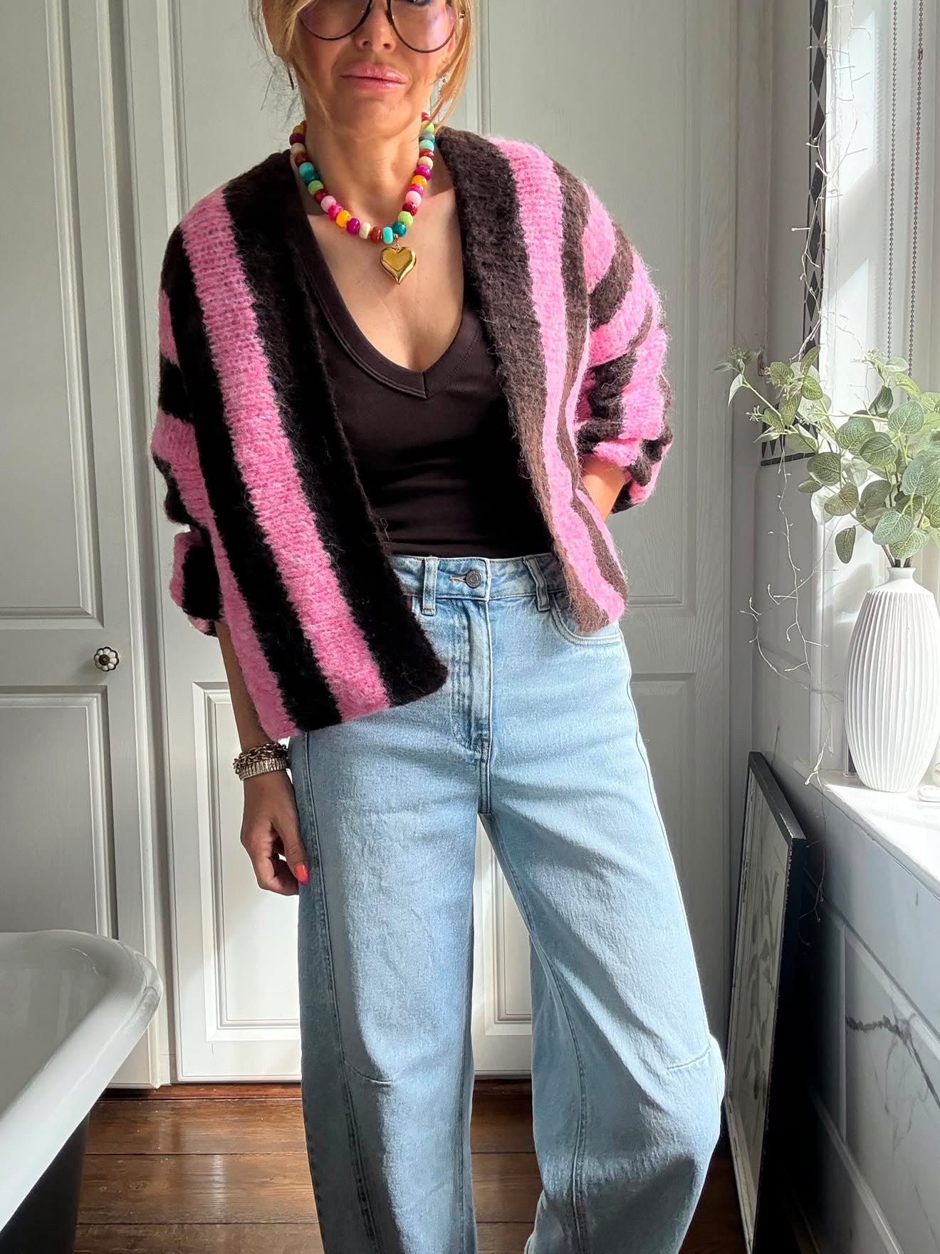 VESA STRIPE CARDIGAN PINK & BROWN *New
