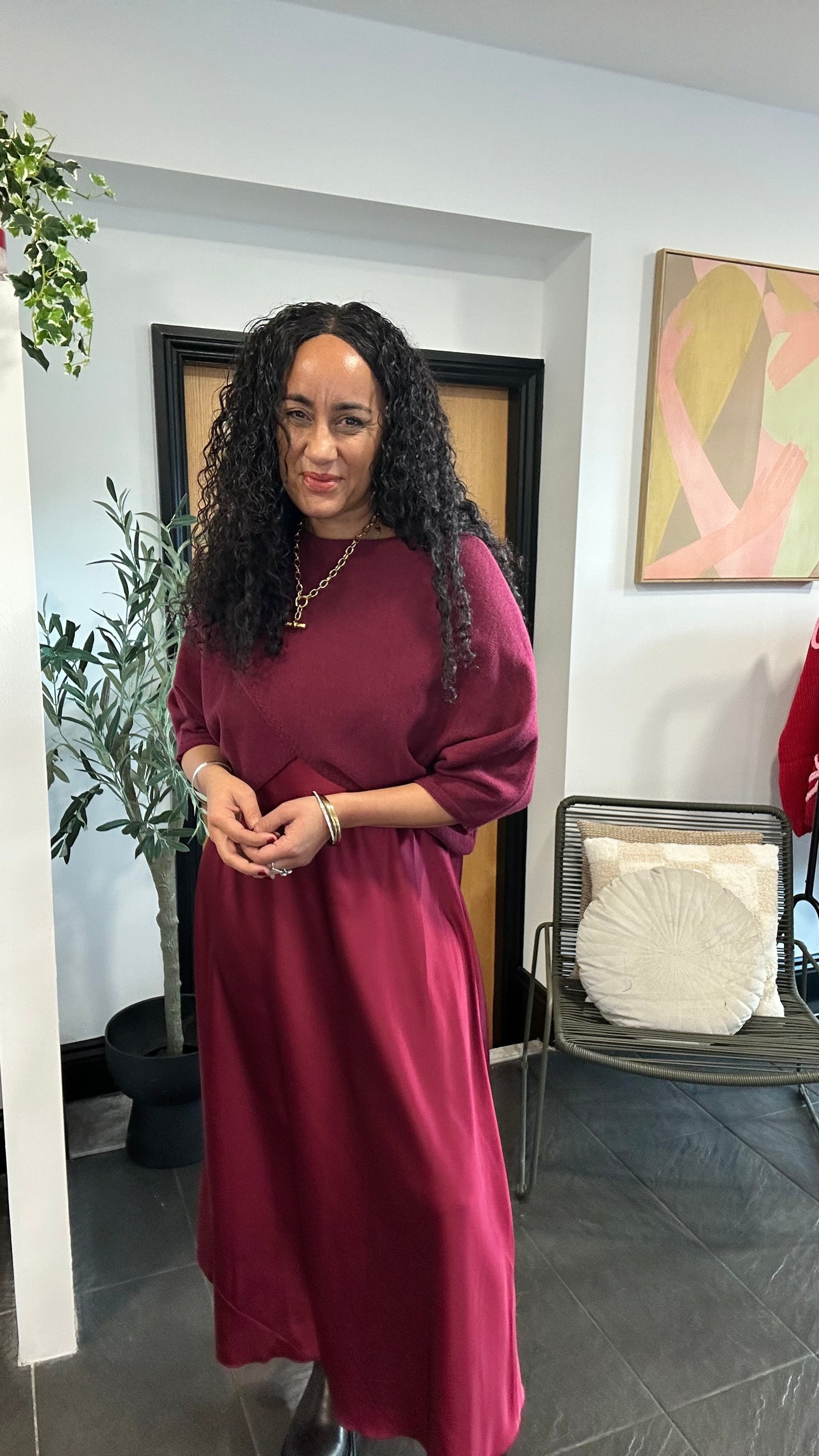 MABLE OPEN KNIT AND SATIN MAXI DRESS BURGUNDY *New