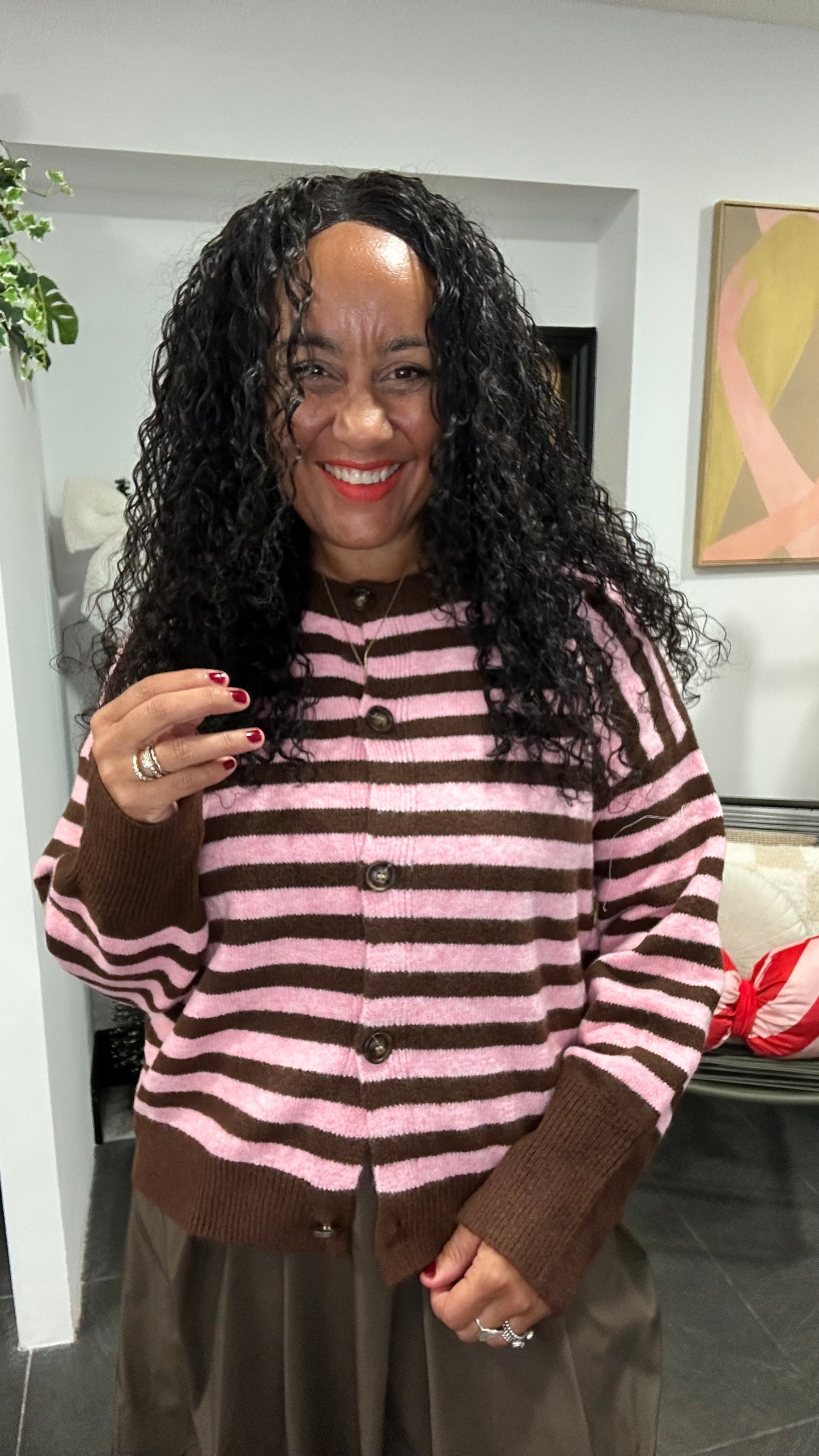 OWEN STRIPED CARDIGAN PINK & BROWN *New