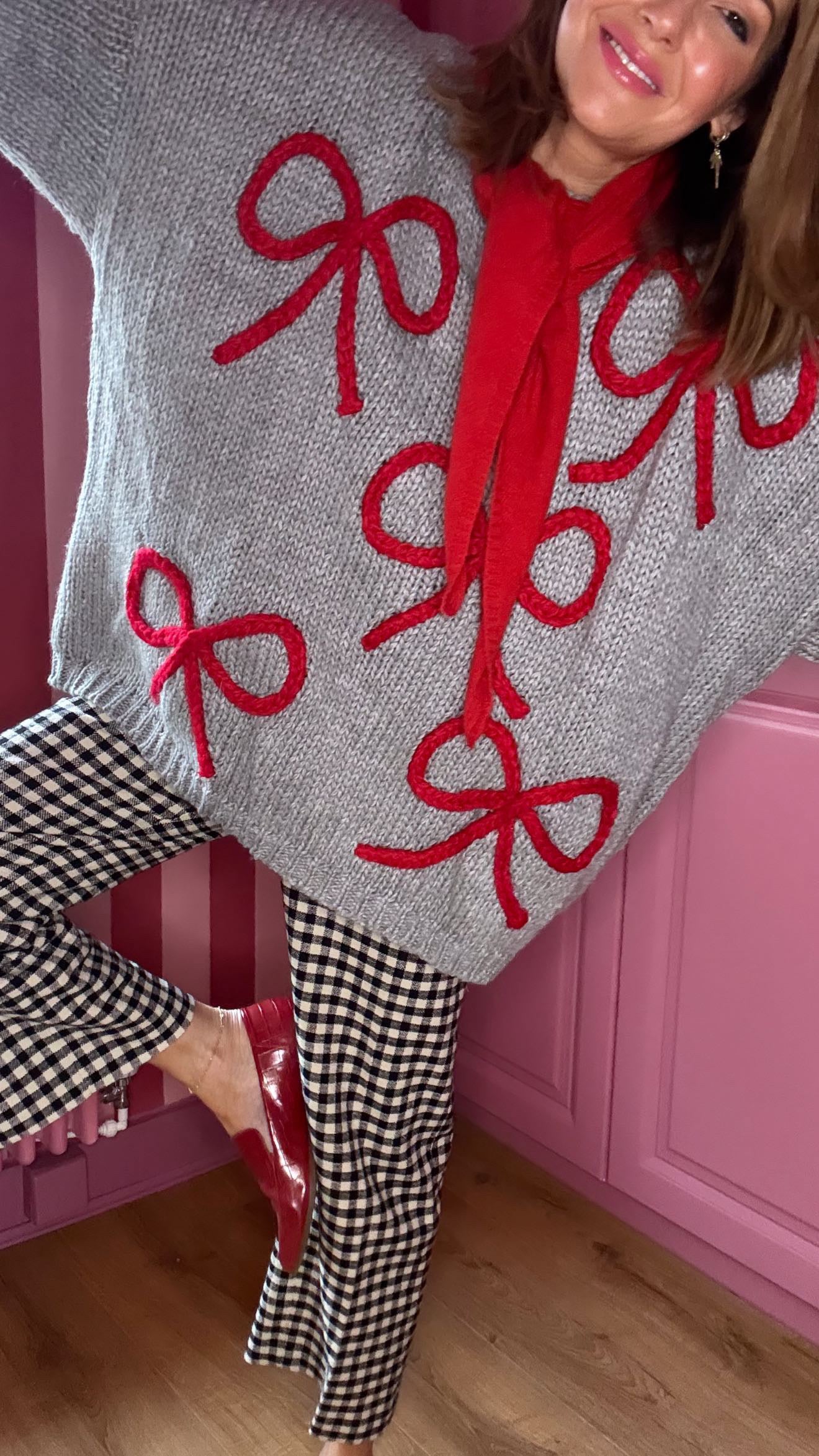 ALEX RIBBON BOW 🎀 OVERSIZED JUMPER HEATHER GREY & RED BOWS *New