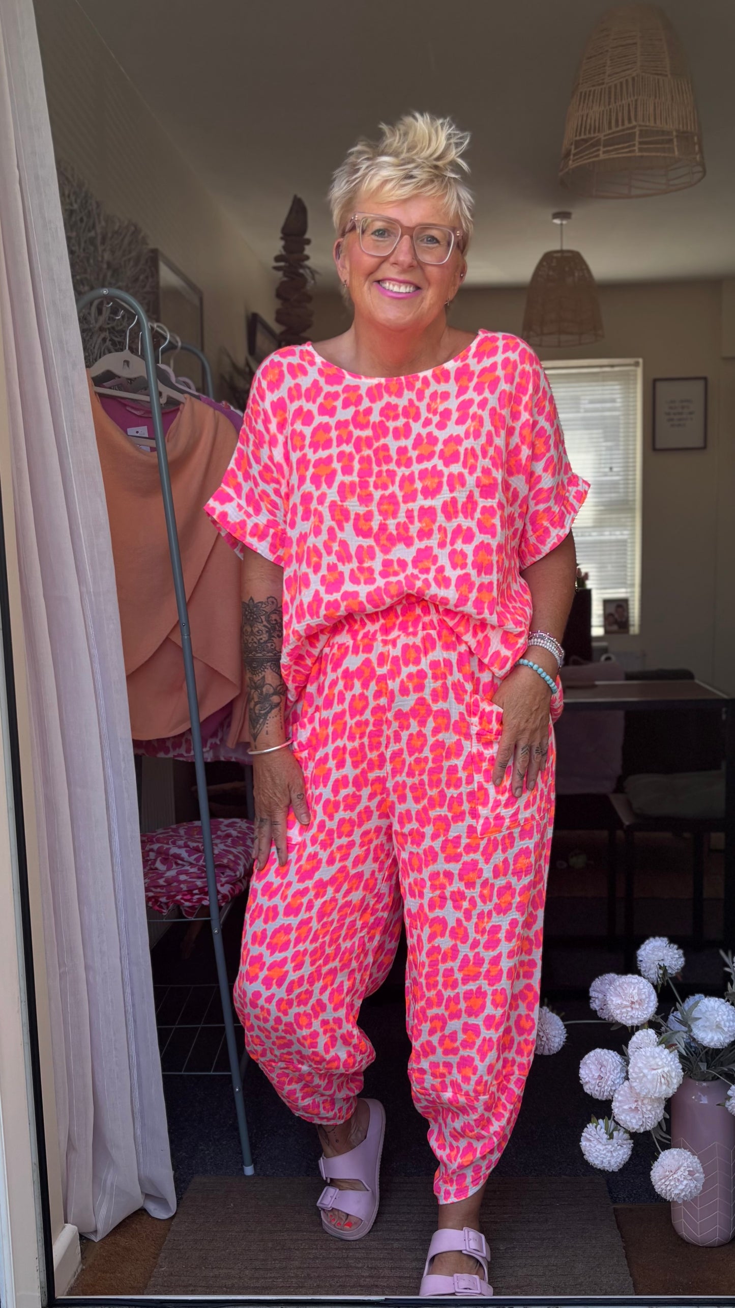 SALE FRUITELLA LUXE LEOPARD BARREL LEG TROUSERS NEON PINK LEOPARD