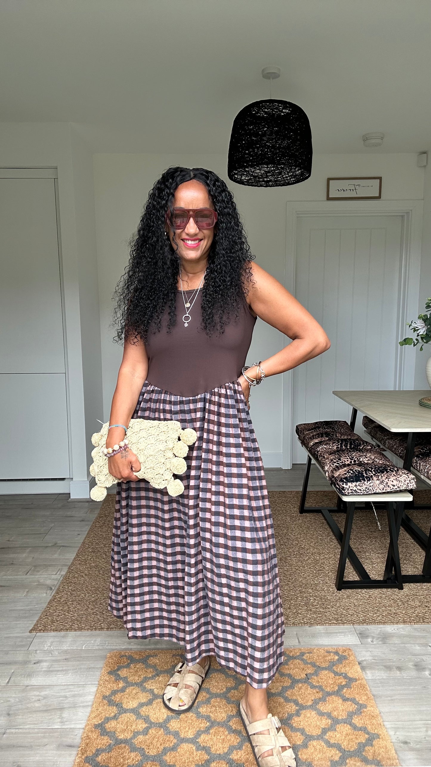 EVERY DAY CHECK MIDI DRESS BLUE & BROWN *New