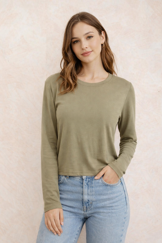 SALE BASIC LONG SLEEVED COTTON TOP KHAKI