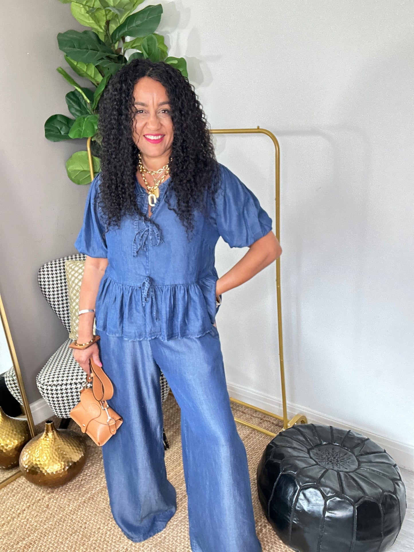 SALE DENIM BLUE CHAMBRAY WIDE LEG PALAZZO TROUSERS