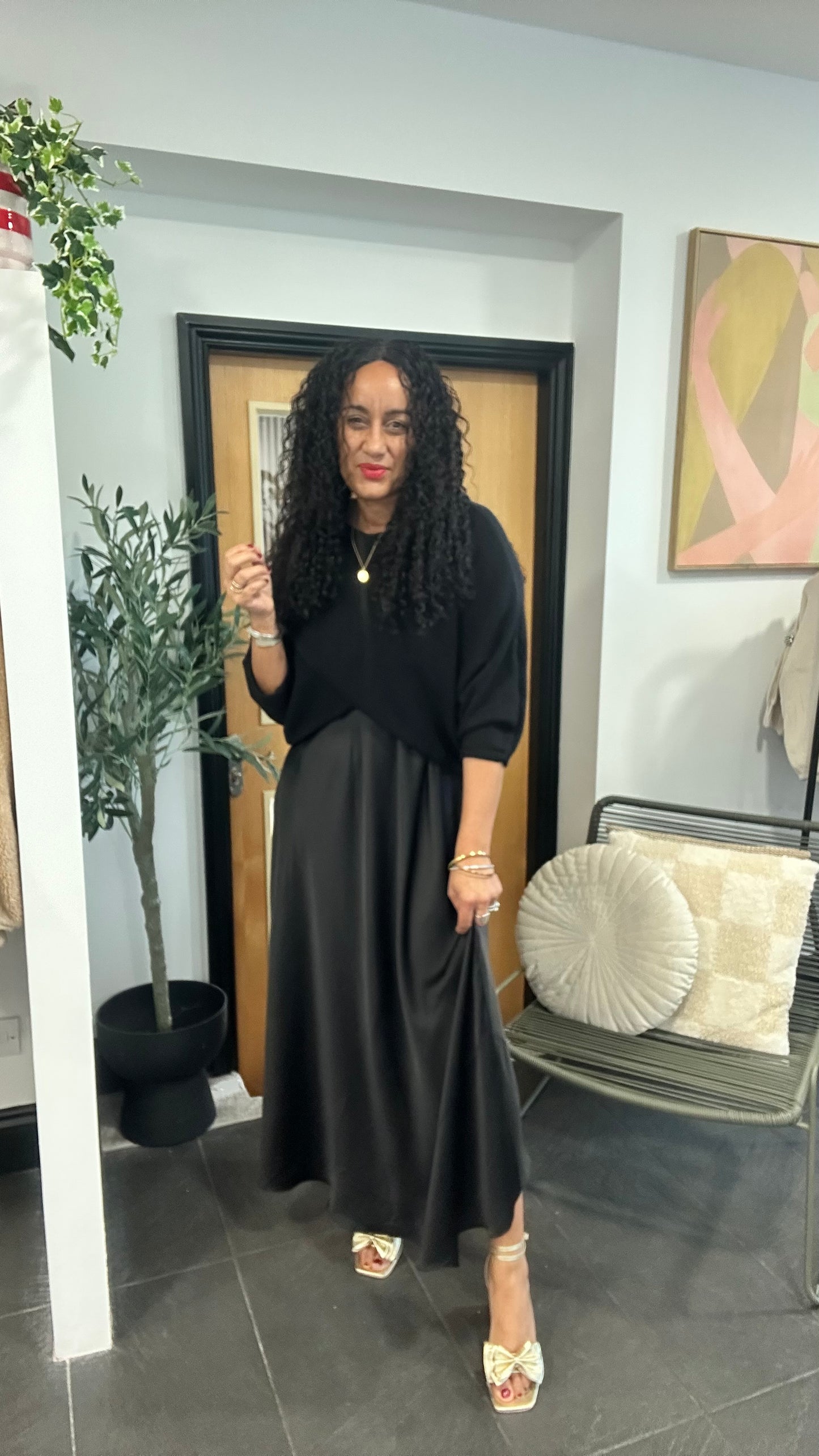 MABLE OPEN KNIT AND SATIN MAXI DRESS BLACK *New