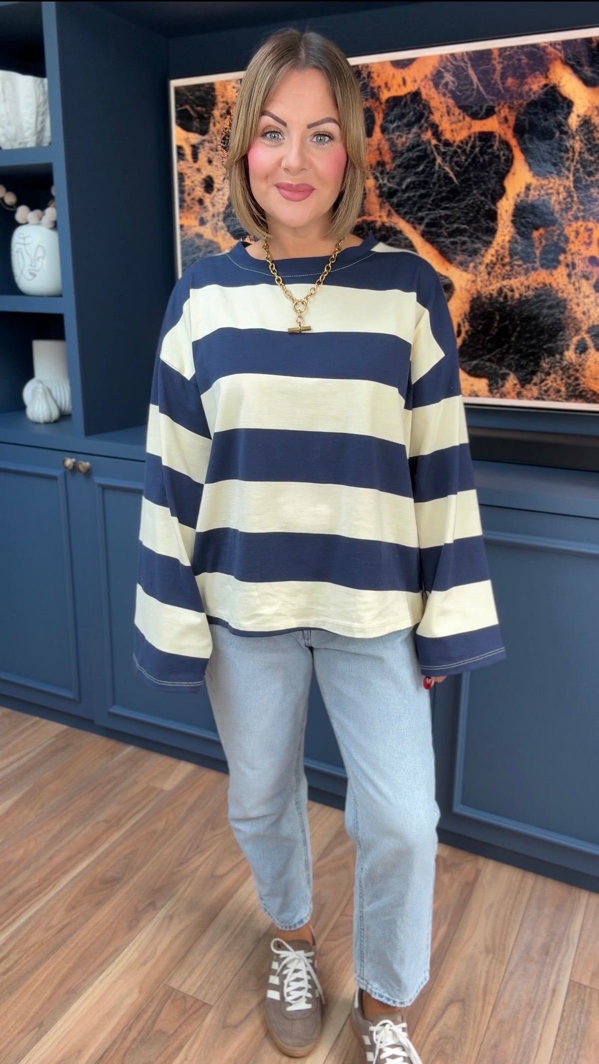 JERVIS WIDE STRIPE COTTON TOP NAVY & CREAM *New