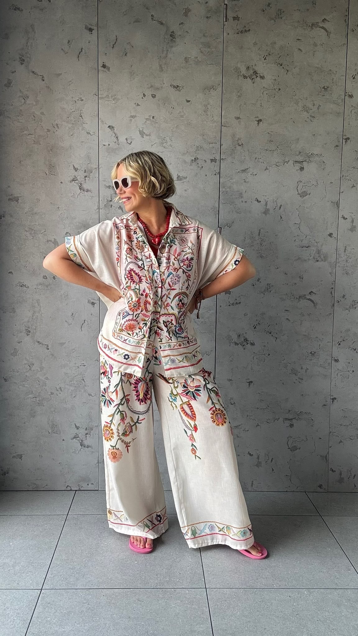 CLEO LASER FLORAL EMBROIDERED BOHO WIDE LEG TROUSERS BEIGE *New