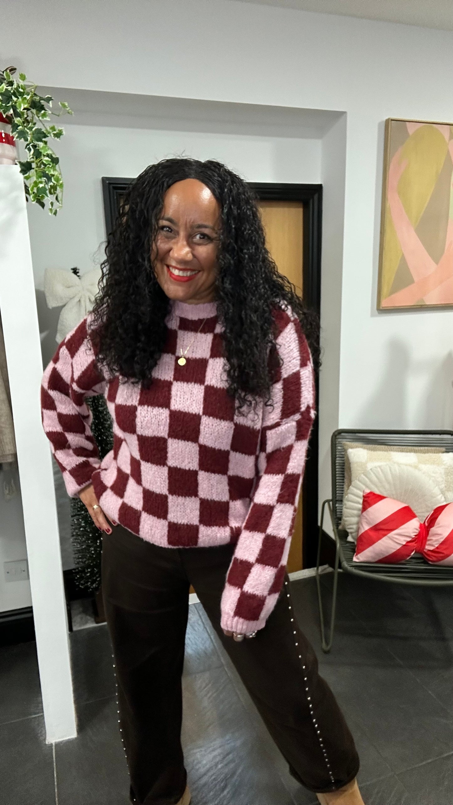 CHECKERBOARD KNIT SKY CHERRY RED & PINK *New