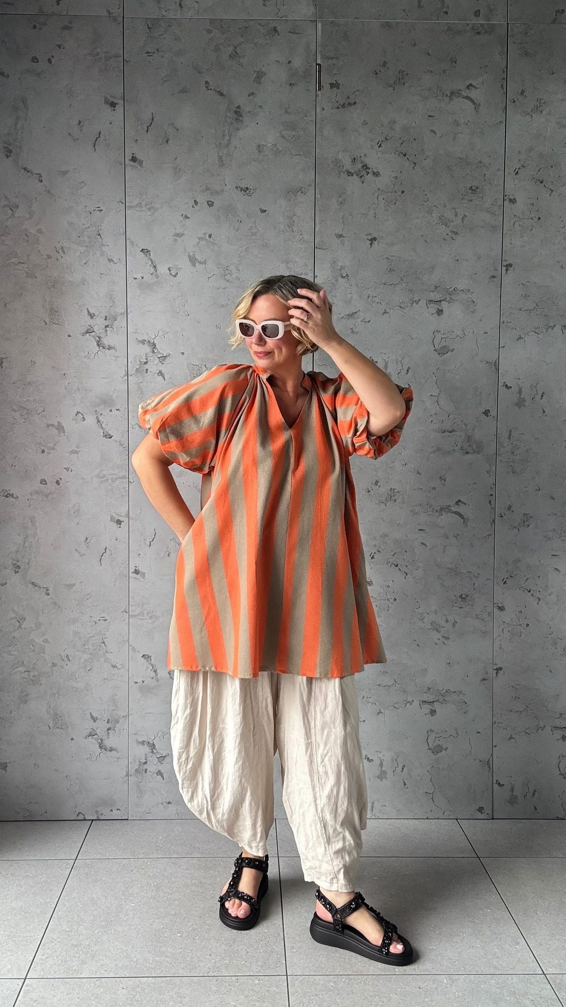 NESSA STRIPE SMOCK TOP / DRESS ORANGE & BROWN *New
