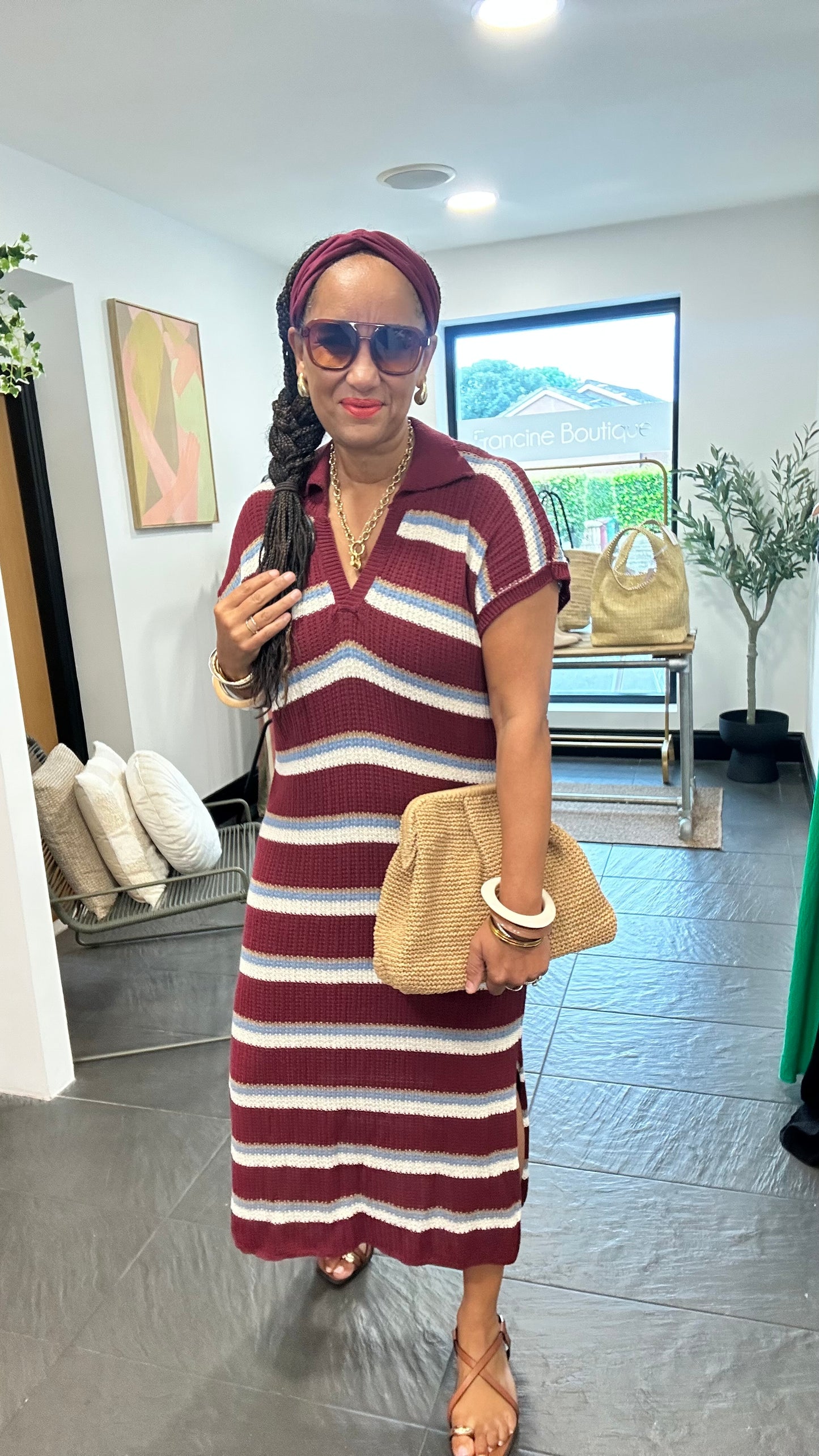 BECKS STRIPED KNITTED DRESS BURGUNDY WITH SKY BLUE AND CREAM STRIPE  *New