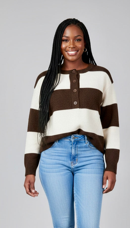 SALE STRIPED BUTTON NECK JUMPER DEEP BROWN & CREAM