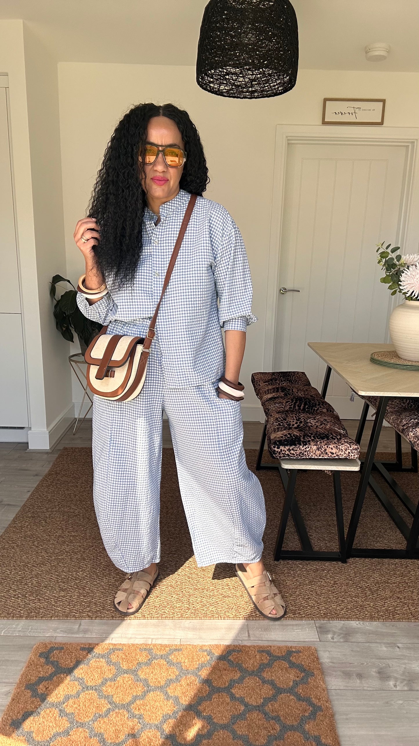 AVA GINGHAM BARREL LEG TROUSERS SKY BLUE *New