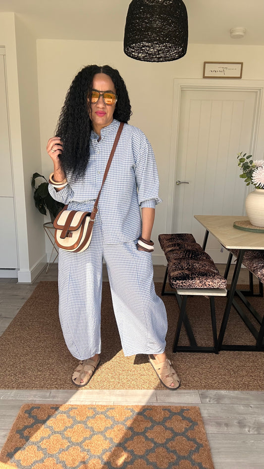 AVA GINGHAM BARREL LEG TROUSERS SKY BLUE *New