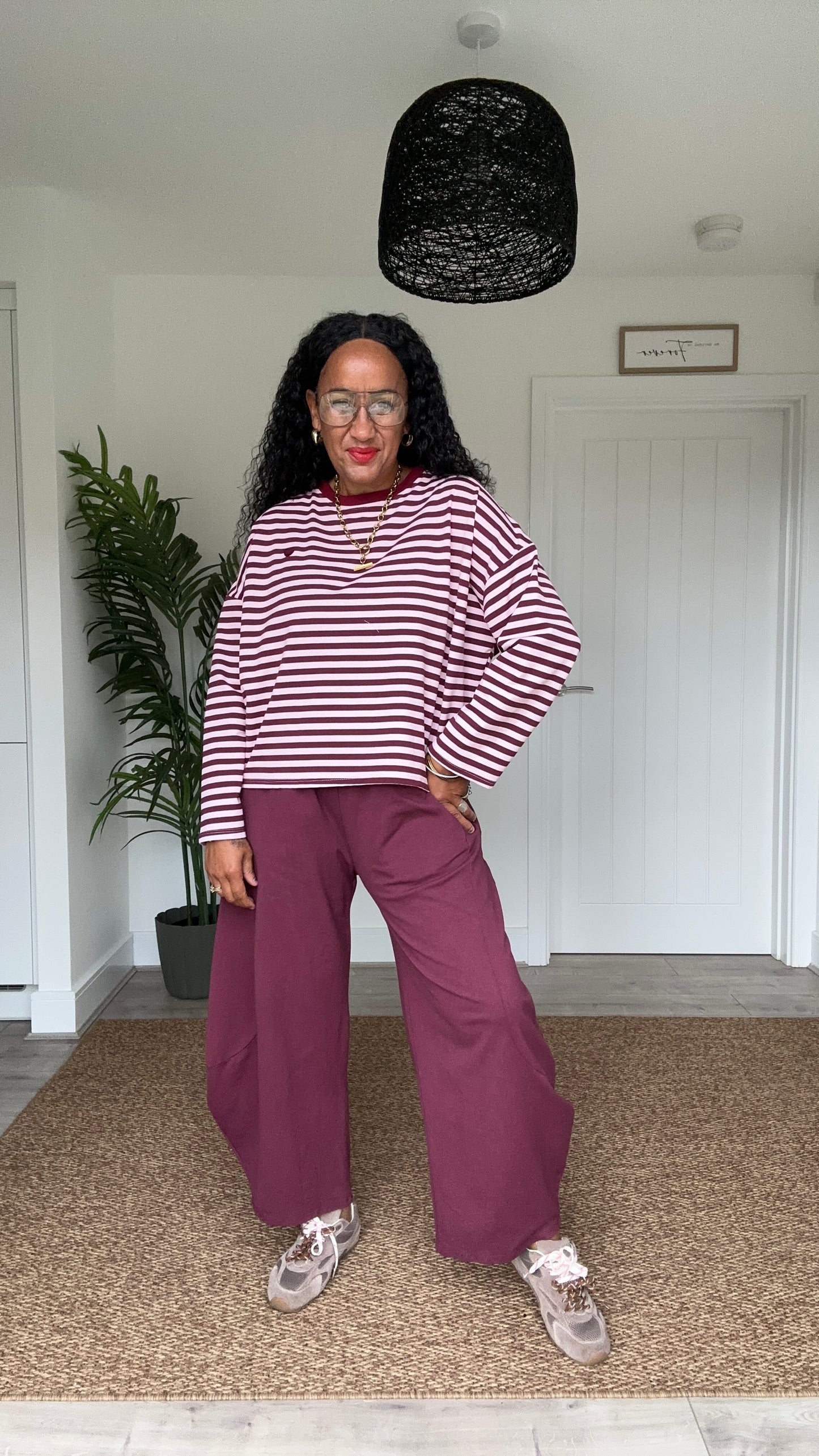 HEART LONG SLEEVED STRIPE TOP BURGUNDY & PINK CONTRAST *New