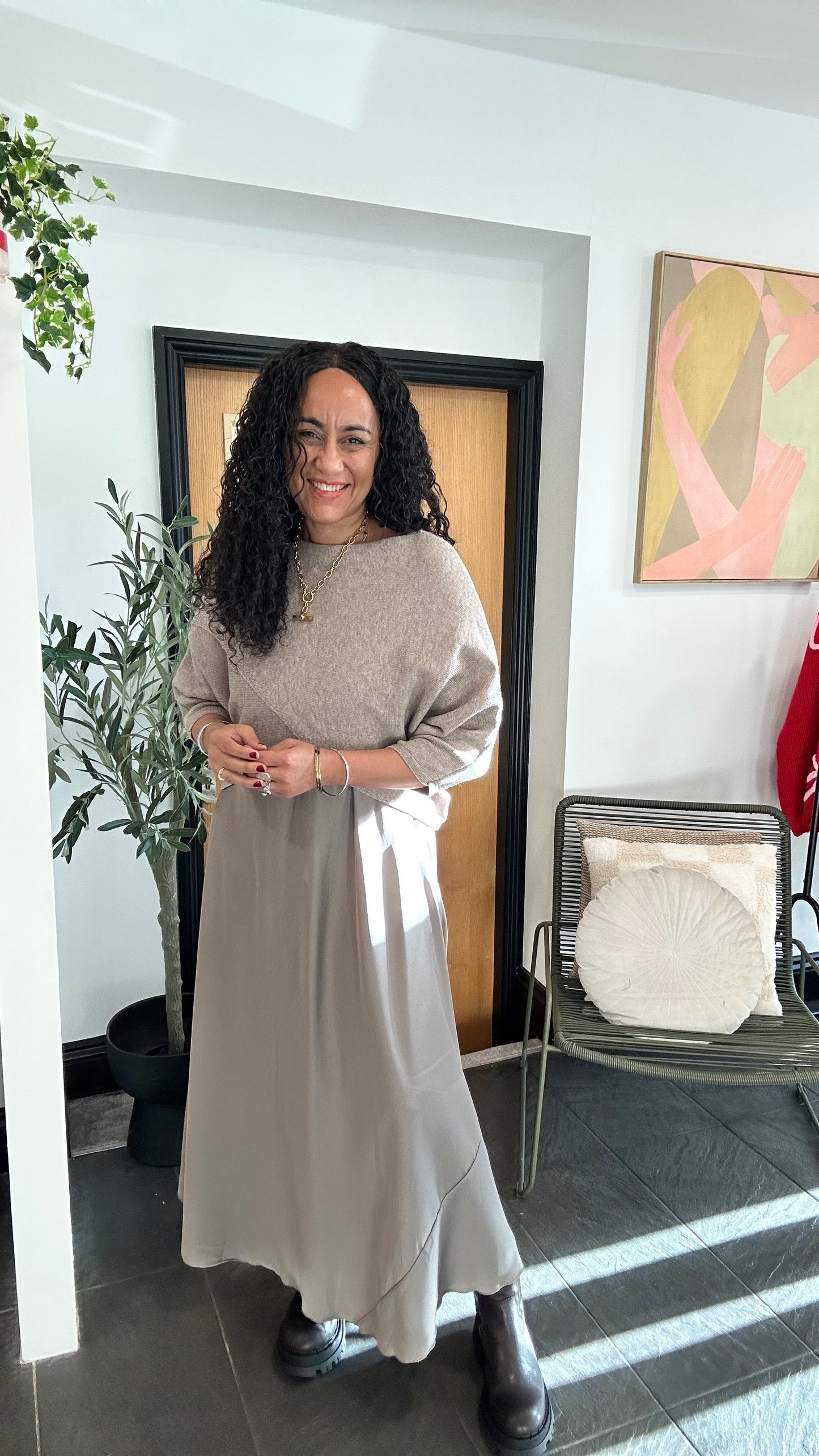 SALE MABLE OPEN KNIT AND SATIN MAXI DRESS MOCHA