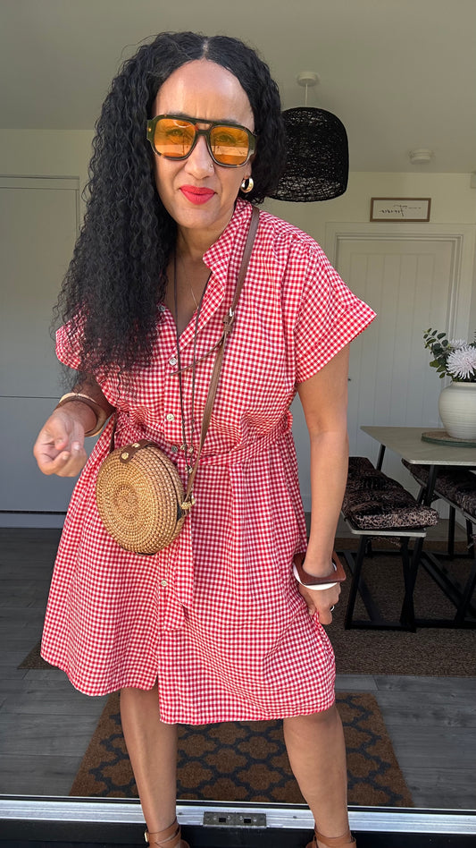 AVA EVERYDAY GINGHAM SHIRT DRESS RED *New