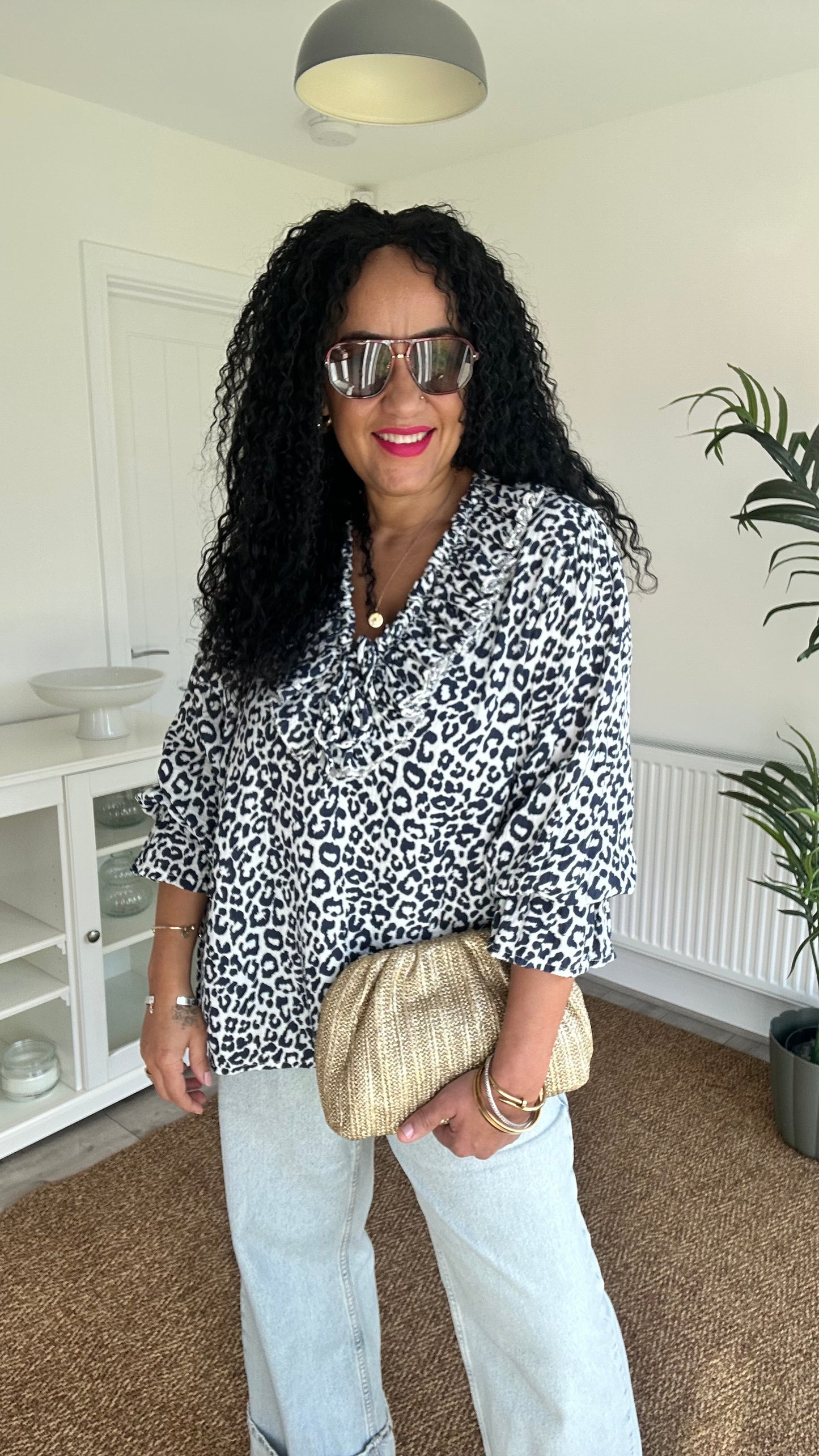 SALE TYRA RUFFLE BLOUSE LEOPARD BLUE