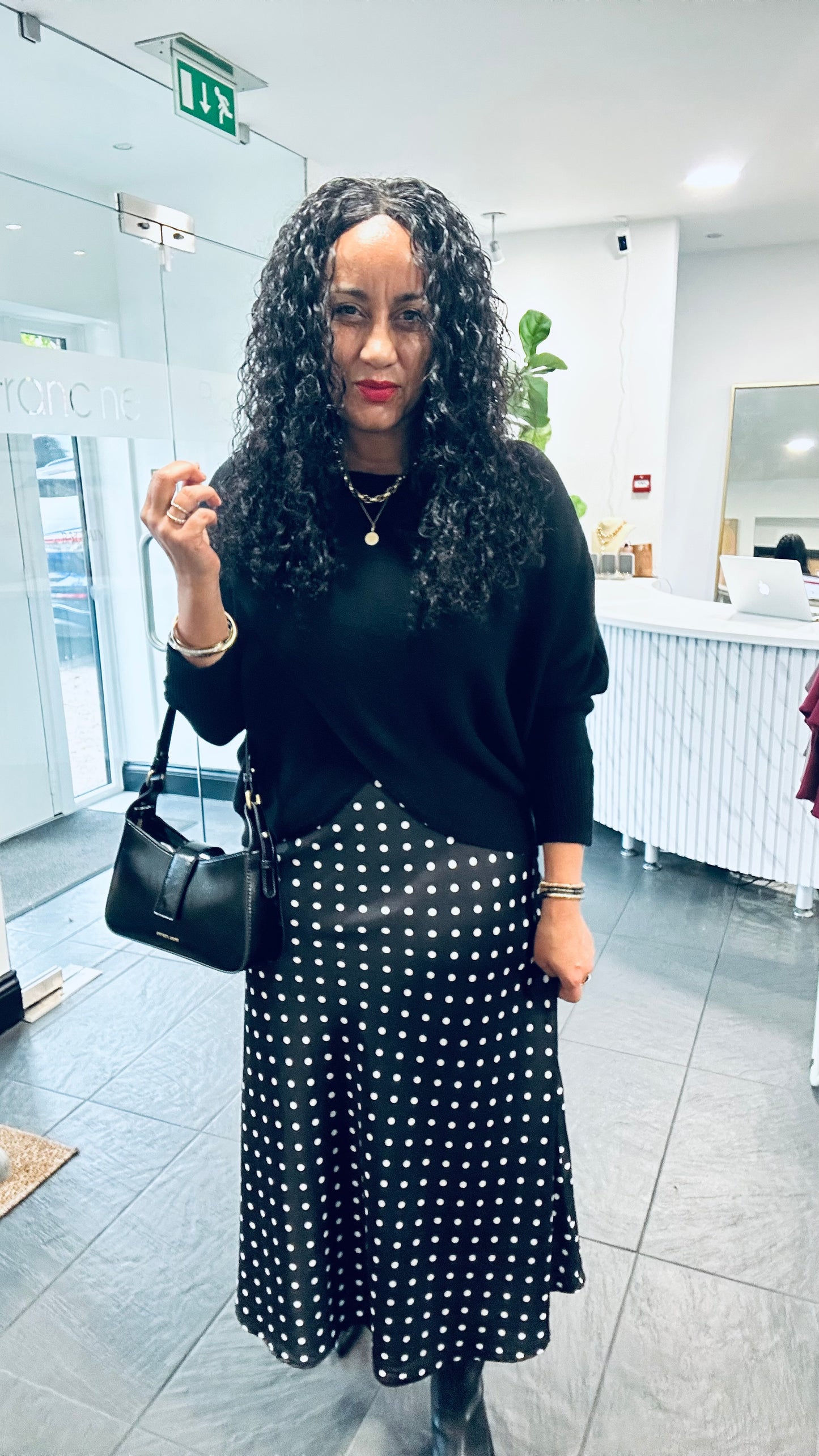 POLKA DOT SATIN FEEL PRINT SKIRT BLACK *New