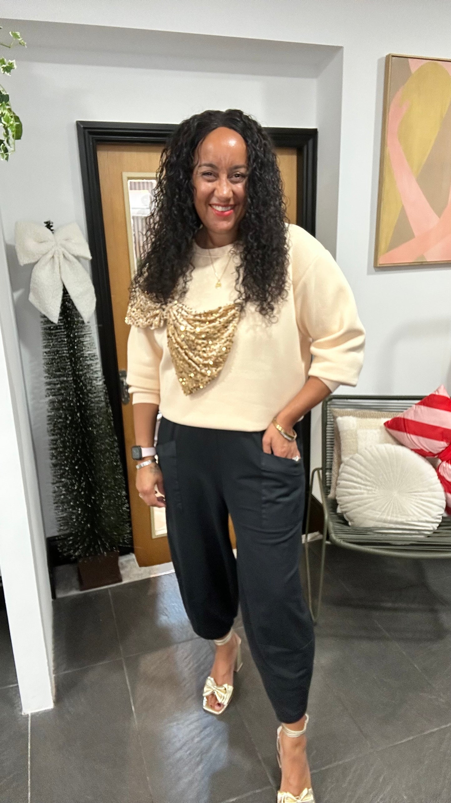 SALE TILLY SEQUIN BOW SWEATER BEIGE CREAM