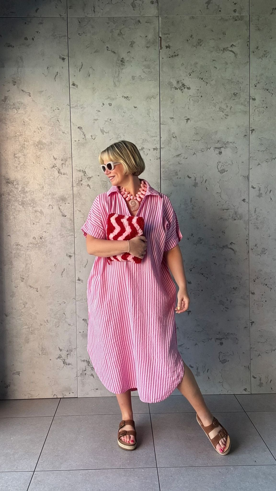 SALE TAYO STRIPED TUNIC SHIRT DRESS PINK