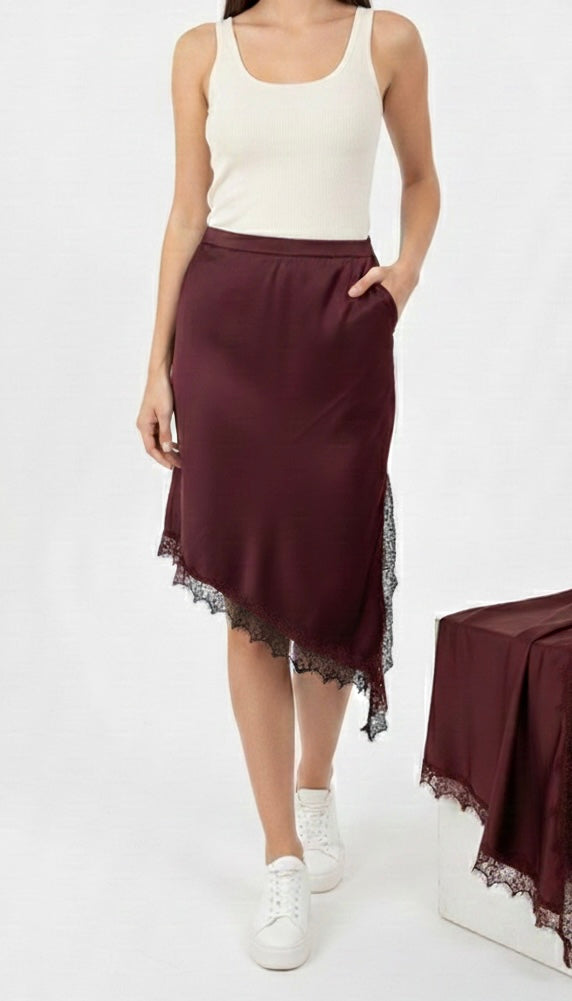 SALE PENNY LACE TRIM ASYMMETRIC SATIN FEEL SKIRT BURGUNDY WINE