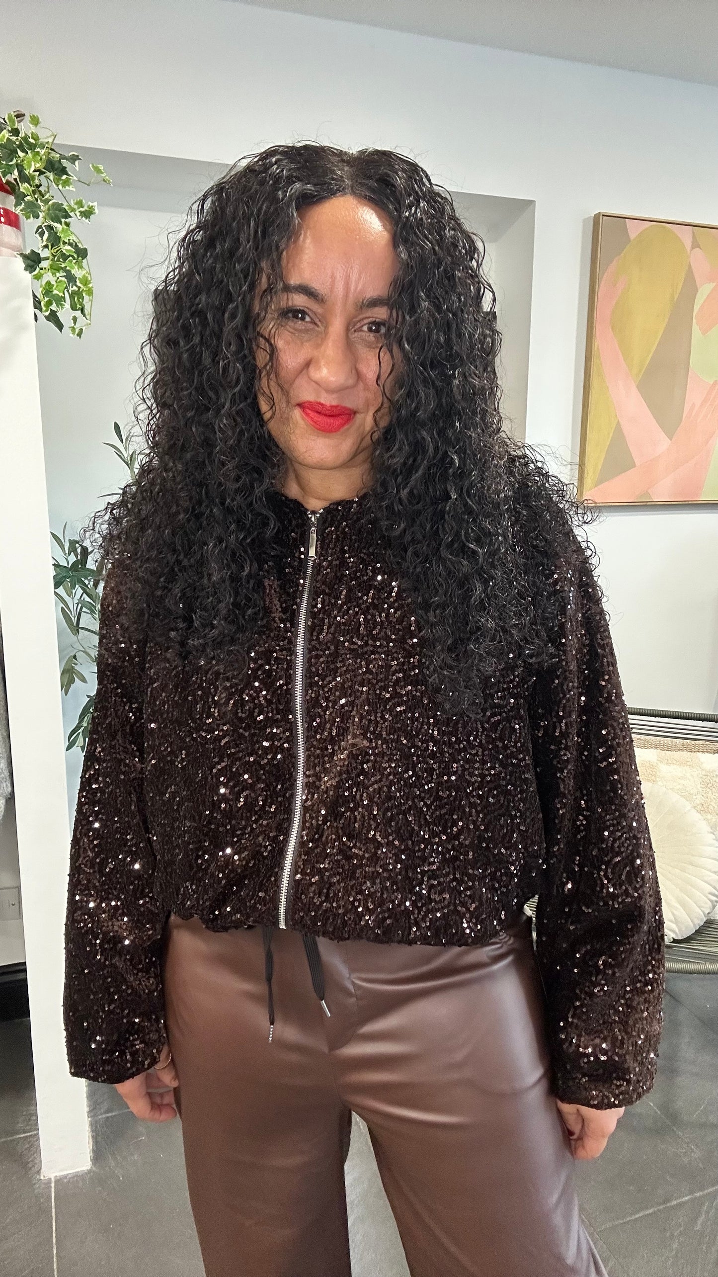 ARIANA SEQUIN BOMBER JACKET DEEP BROWN *New