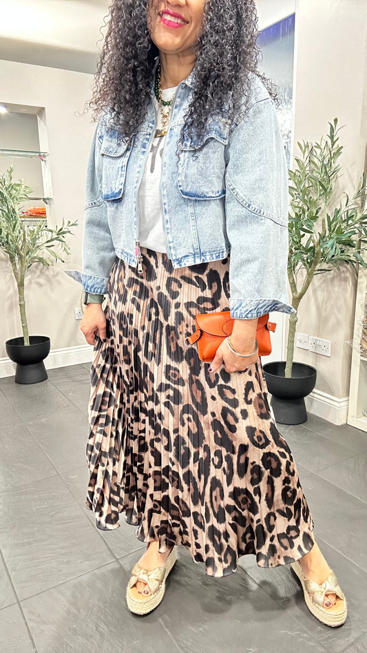 SALE ABBIE LEOPARD PRINT SATIN PLEATED MAXI SKIRT BROWN