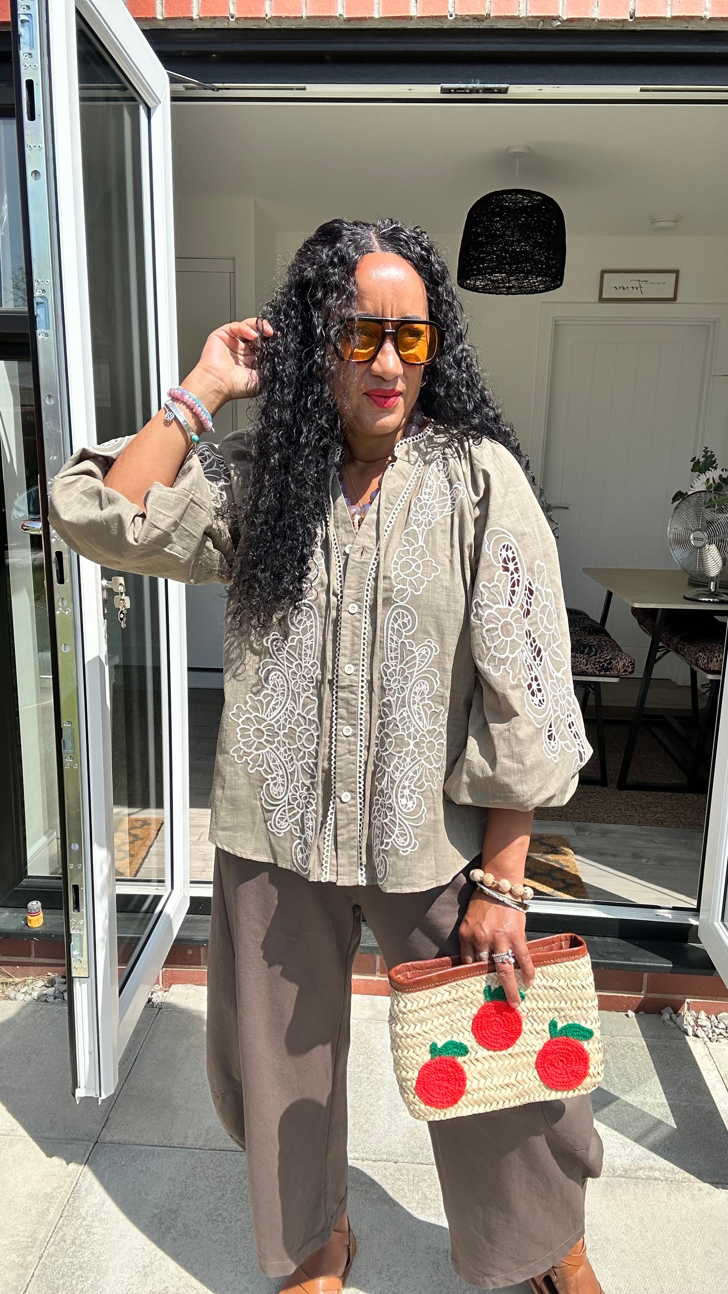 JACEN EMBROIDERY BOHEMIAN SLEEVED BLOUSE KHAKI *New