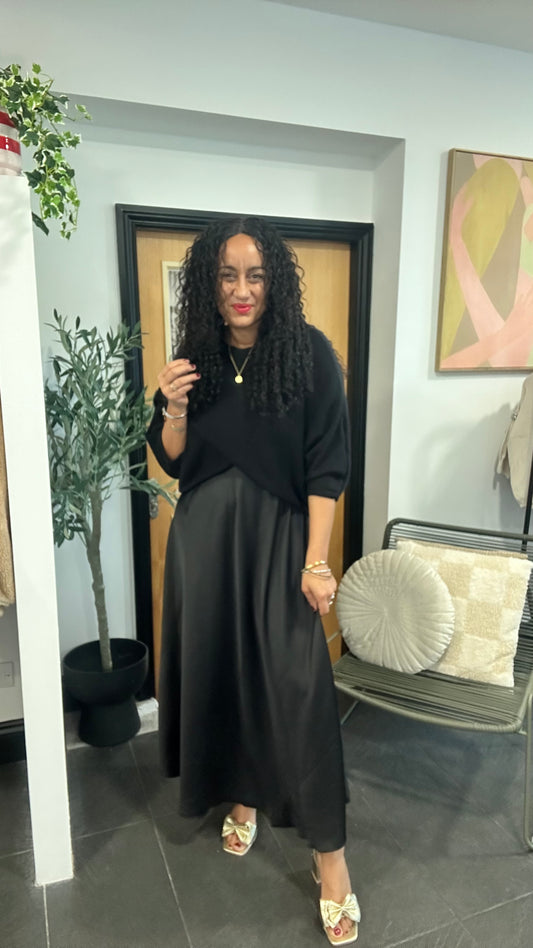 MABLE OPEN KNIT AND SATIN MAXI DRESS BLACK *New