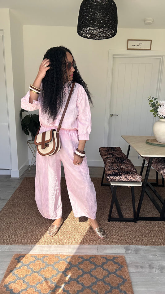 AVA GINGHAM BARREL LEG TROUSERS BABY PINK *New