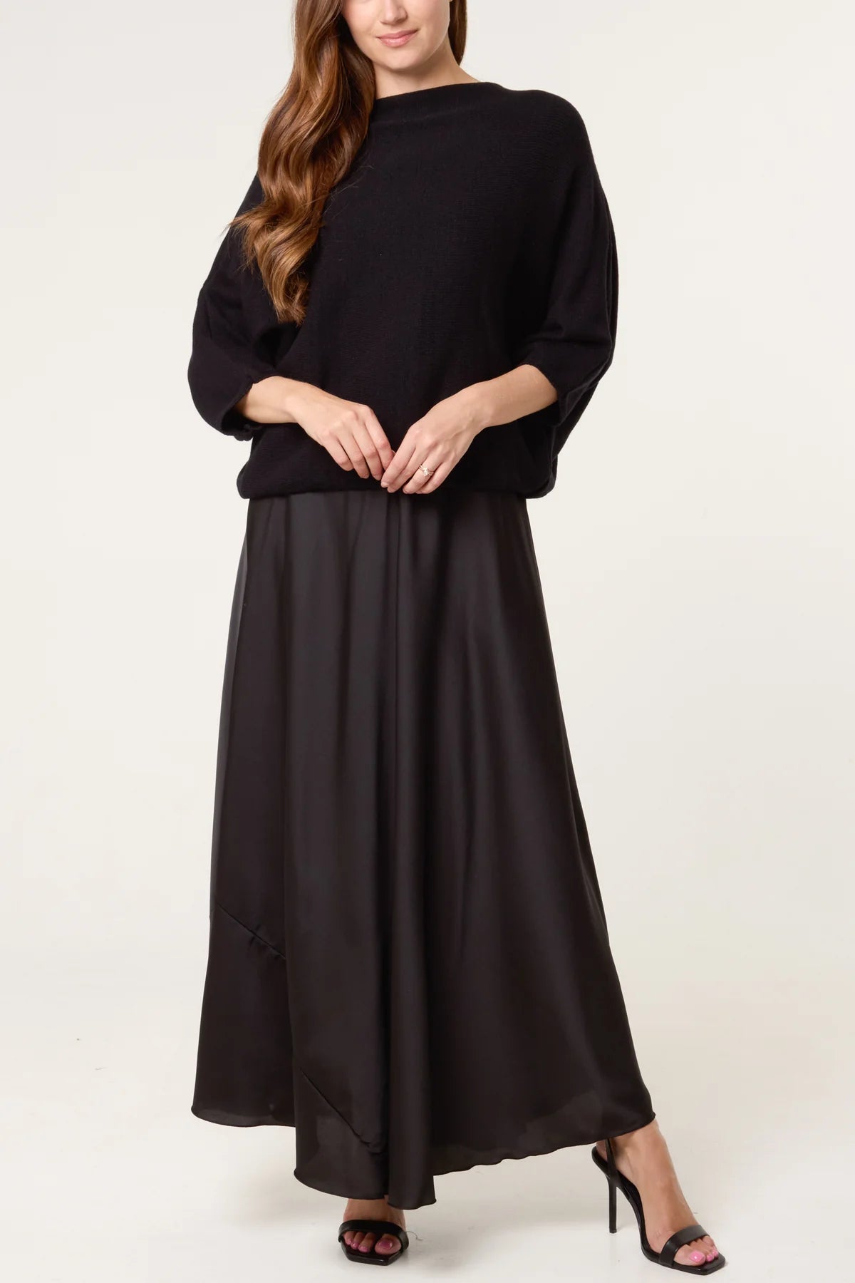 MABLE OPEN KNIT AND SATIN MAXI DRESS BLACK *New
