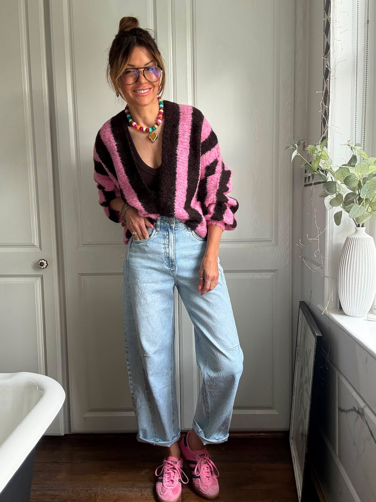 VESA STRIPE CARDIGAN PINK & BROWN *New