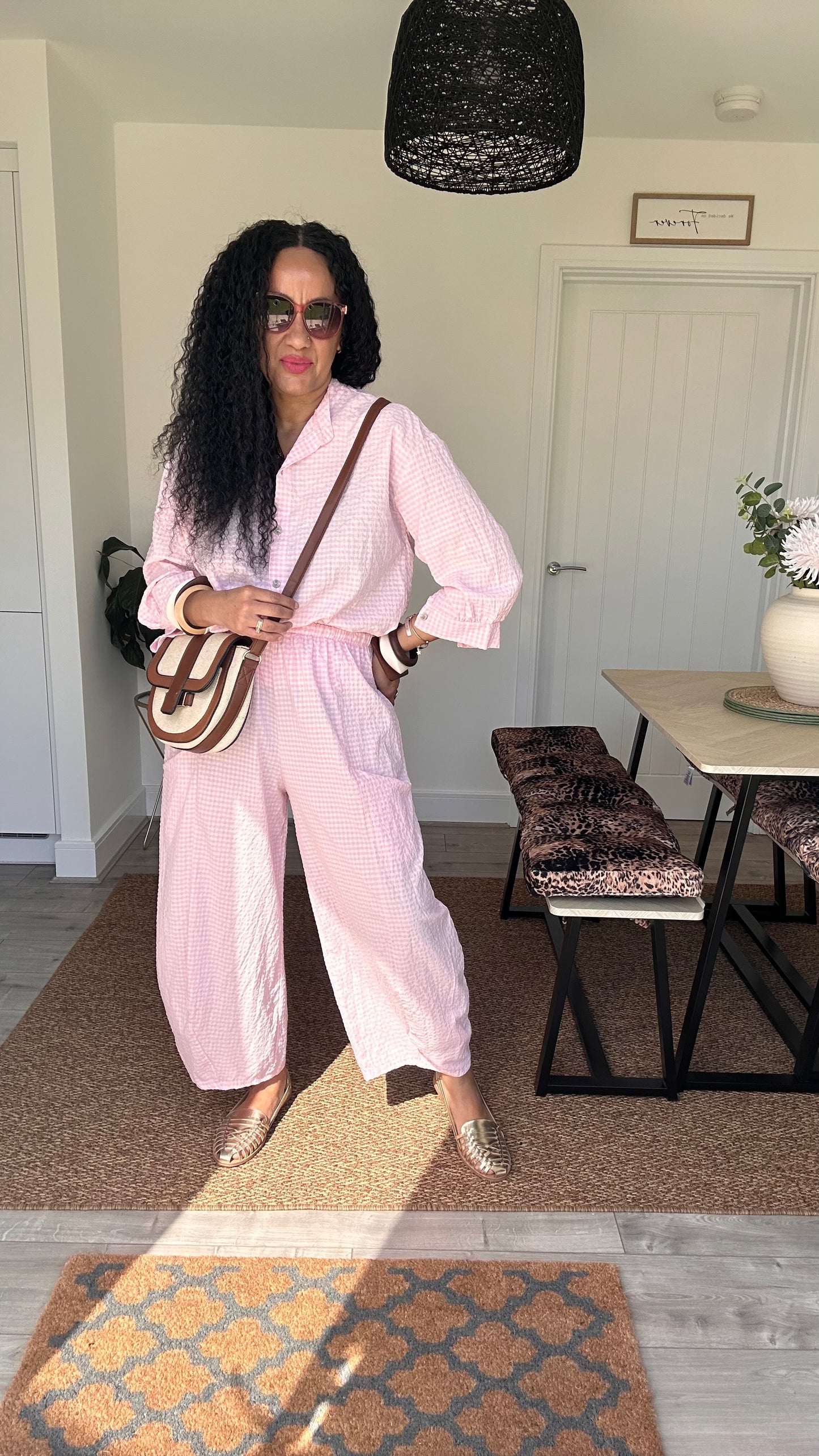 AVA GINGHAM BARREL LEG TROUSERS BABY PINK *New