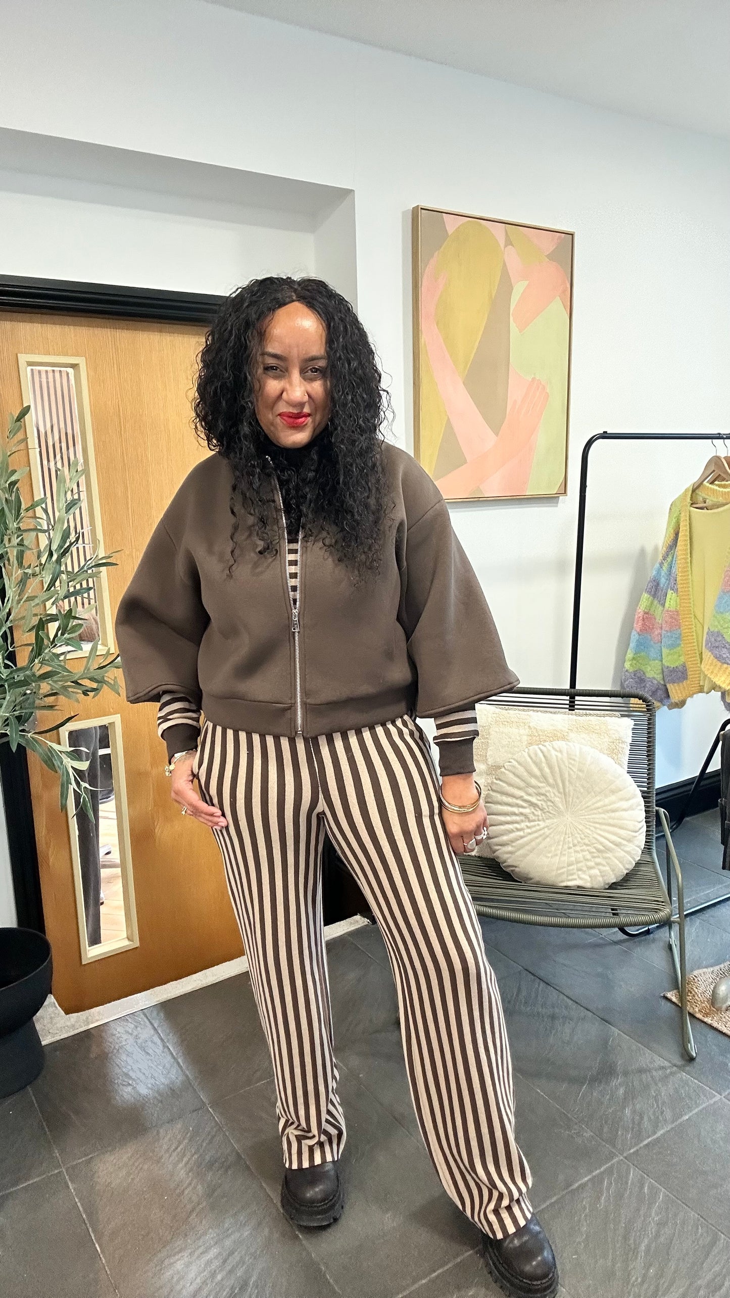 EVELYN STRIPE WIDE LEG BOTTOMS BROWN *New