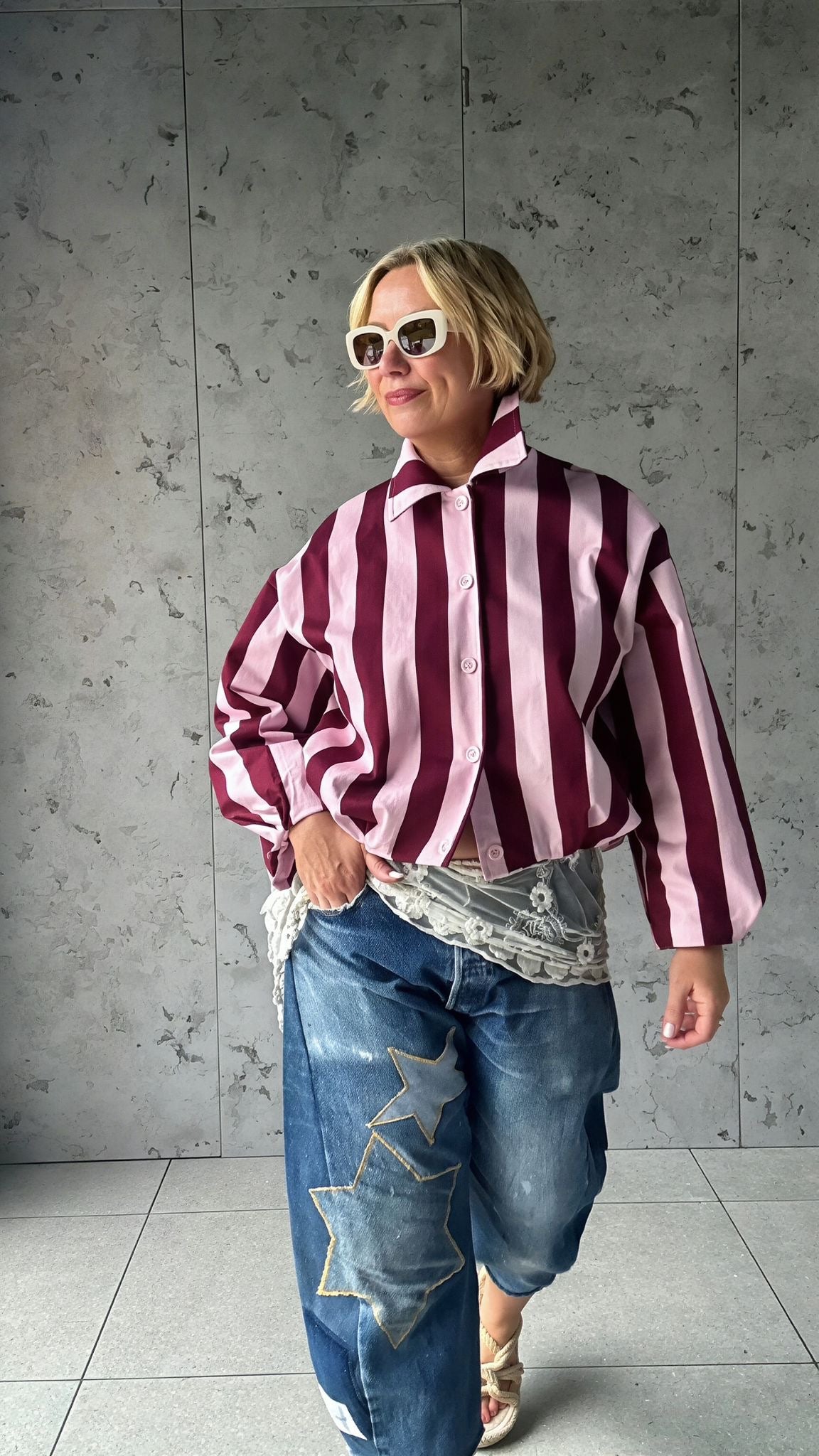 CANDY STRIPE DENIM JACKET BURGUNDY & PINK  *New