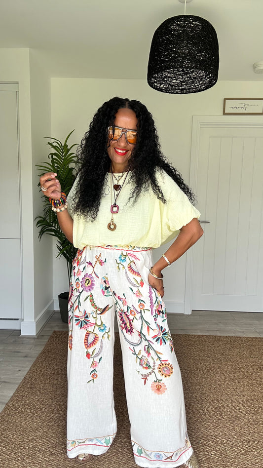CLEO EMBROIDERED BOHO WIDE LEG TROUSERS BEIGE *New