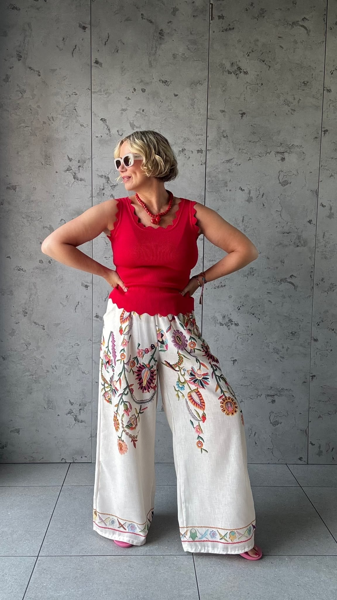CLEO LASER FLORAL EMBROIDERED BOHO WIDE LEG TROUSERS BEIGE *New