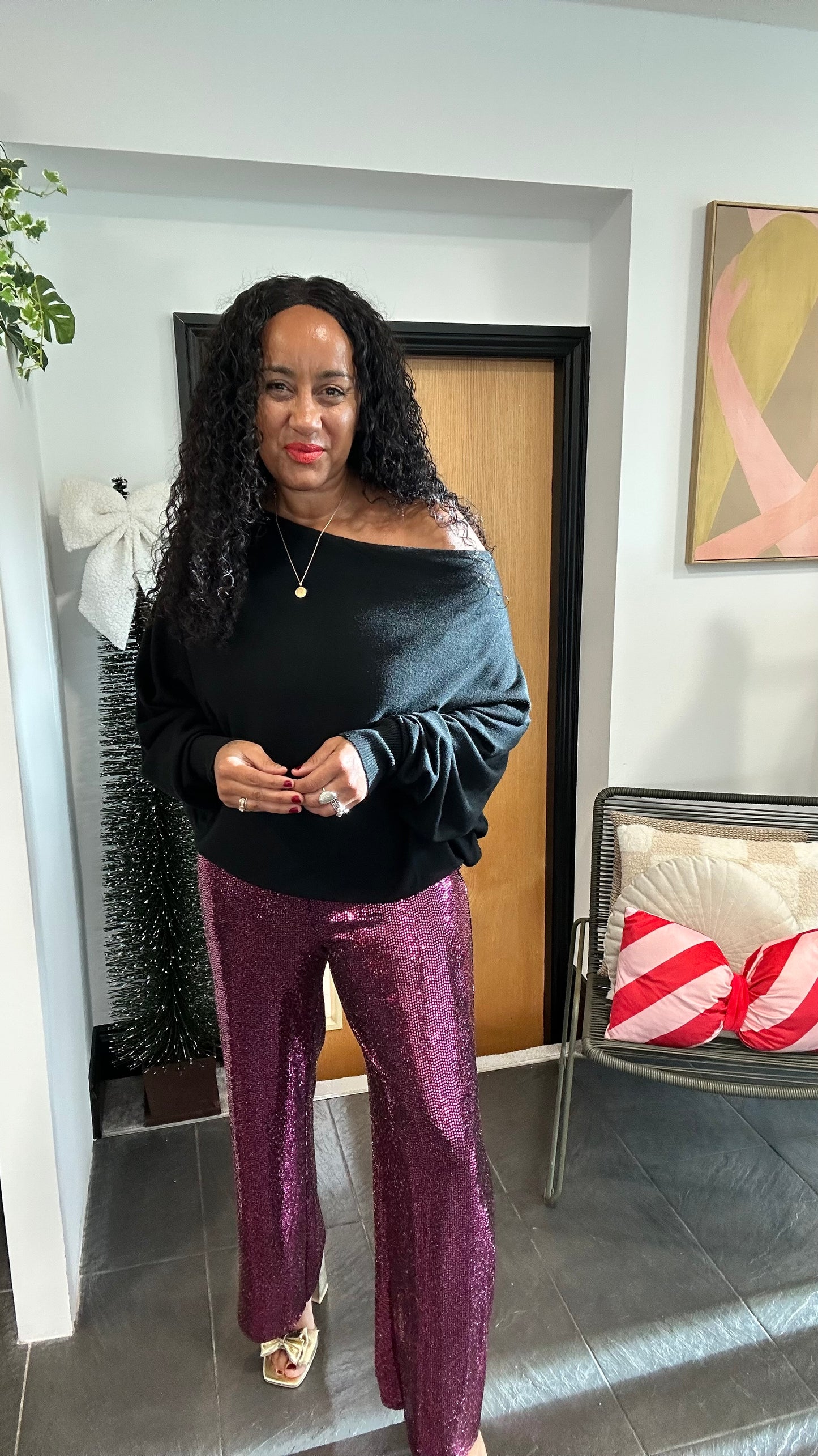 SALE VICKY SEQUIN WIDE LEG TROUSERS RICH MAGENTA *New