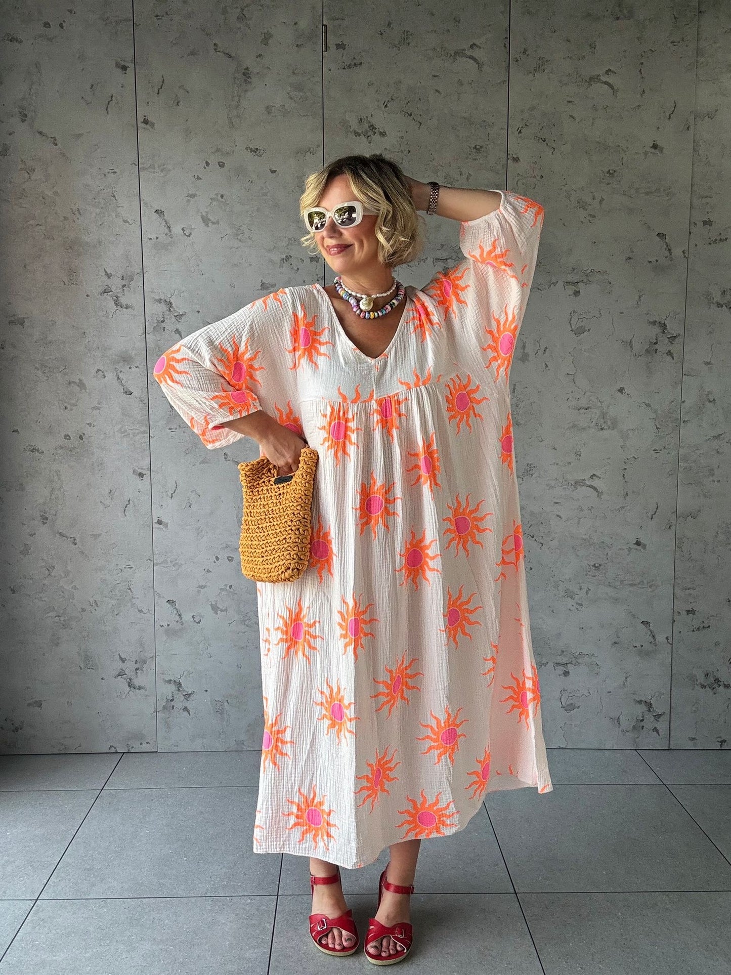 SALE SUNBURST SMOCK DRESS PINKY WHITE & ORANGE SUNBURST