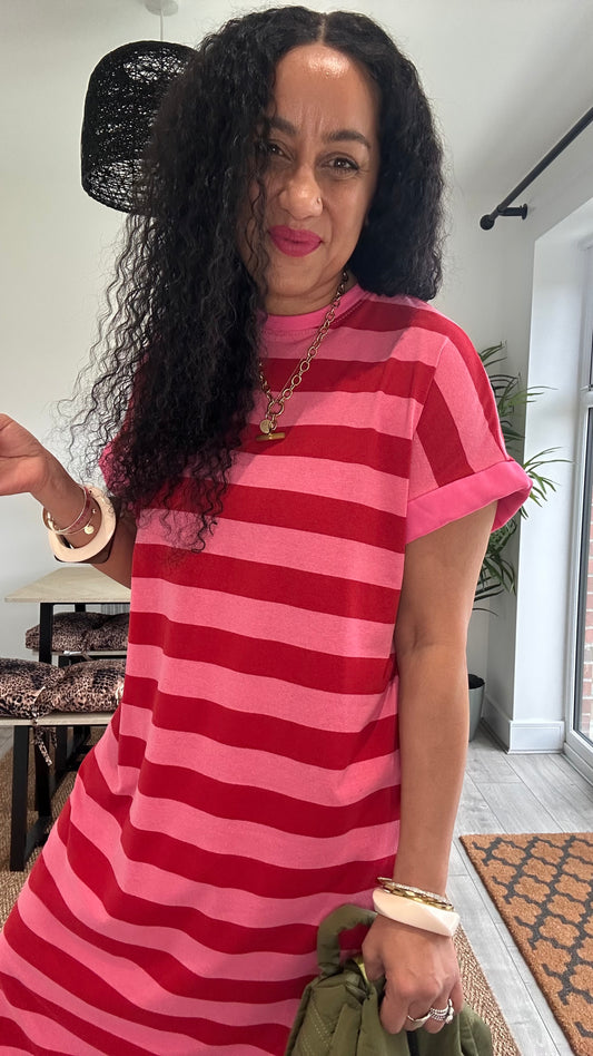 BETTY OVERSIZED T-SHIRT DRESS RED & PINK CONTRAST TRIM *New
