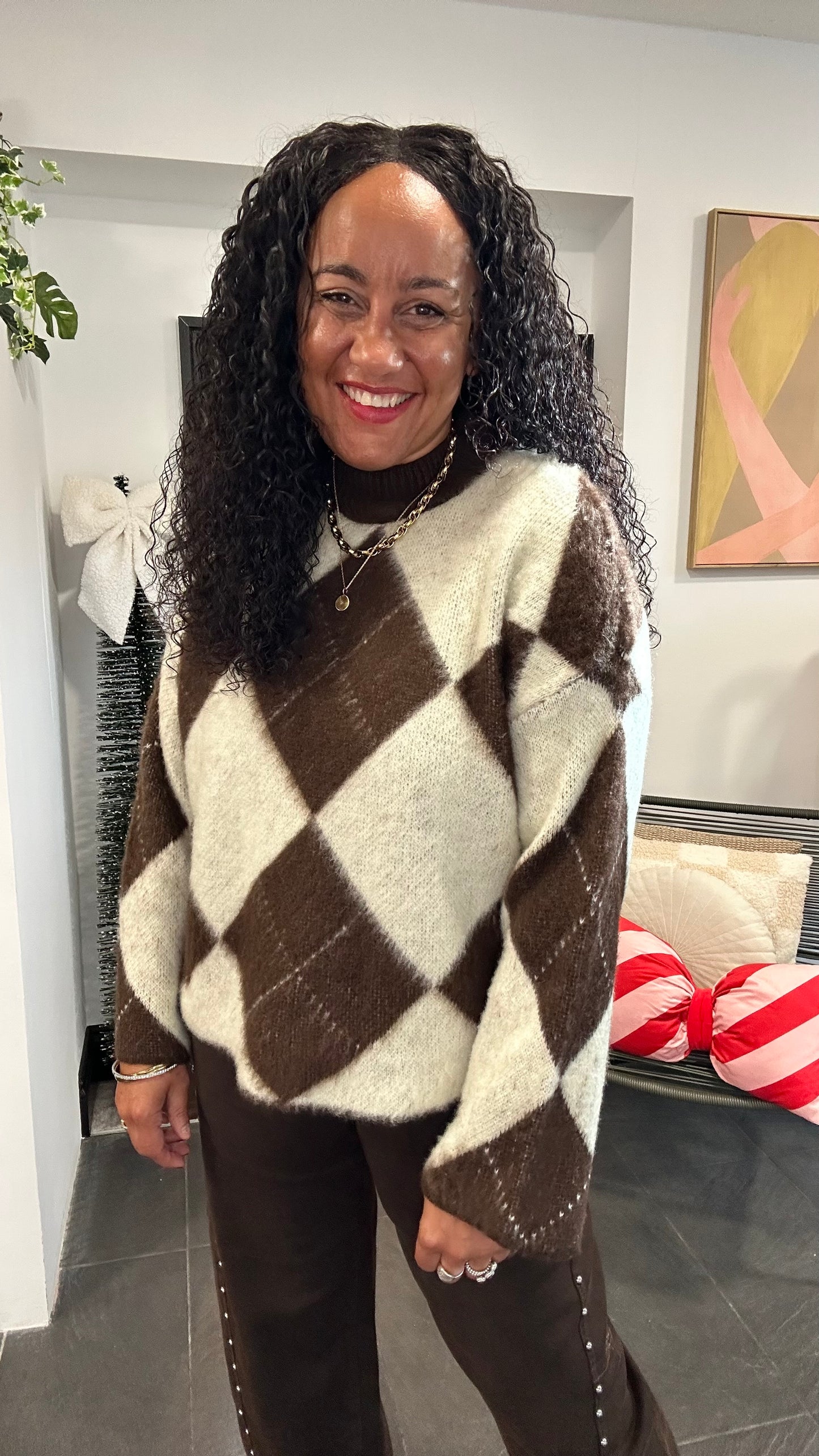 Sale VOUGE ARGYLE DIAMOND JUMPER LEMON & BROWN